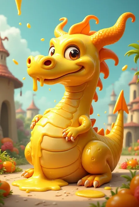 A dragon made out of nothing but gooey Butter., cartoon, silly toon, Giant tummy, big long snout 