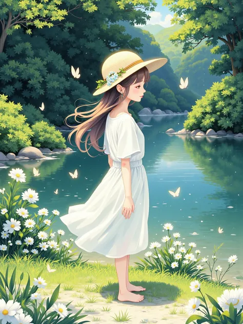 Summer Coolness, Serene Atmosphere, Harmony Between Humans and Nature, AI Art, Illustration Style, Inspired by Renowned Illustrators (Reference: Makoto Shinkai, Hayao Miyazaki, Yoneyama Mai), Fresh and Healing, Soft Colors, Interplay of Light and Shadow, N...