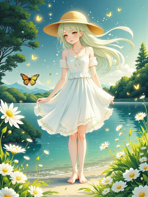 Summer Coolness, Serene Atmosphere, Harmony Between Humans and Nature, AI Art, Illustration Style, Inspired by Renowned Illustrators (Reference: Makoto Shinkai, Hayao Miyazaki, Yoneyama Mai), Fresh and Healing, Soft Colors, Interplay of Light and Shadow, N...