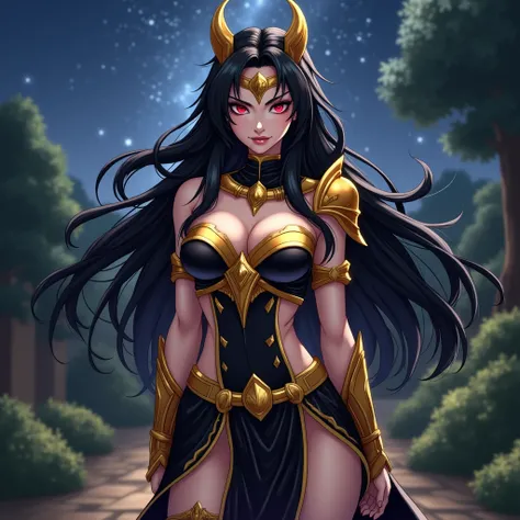  Ishtar, 4K anime style quality, digital drawing mode, a goddess of beauty and war with long black hair adorned with golden accessories, fierce crimson eyes, wearing a black and gold outfit with golden armor plates, standing in a garden under the starry ni...