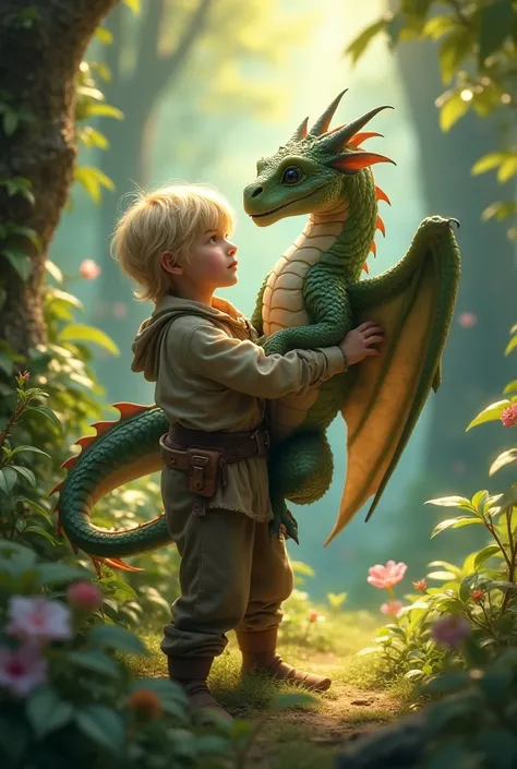 Create an image of a blond boy holding a magic dragon 