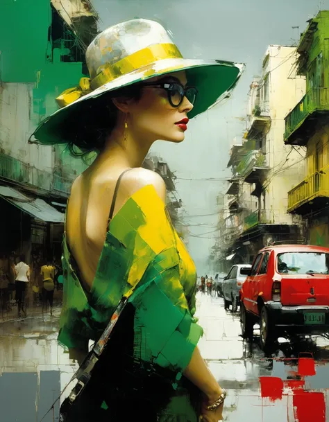 ABSTRACT Painting, PLAY OF COLOR, GREEN, YELLOW, RED, GRAY OCHRE AND BLACK...A GIRL WITH A HAT WITH GLASSES...a   accompanying.landscape OF Bahia, Brazil,,, .jeremy mann style, jeremy mann art, jeremy mann painting, alessandro pautasso art, painting of a w...