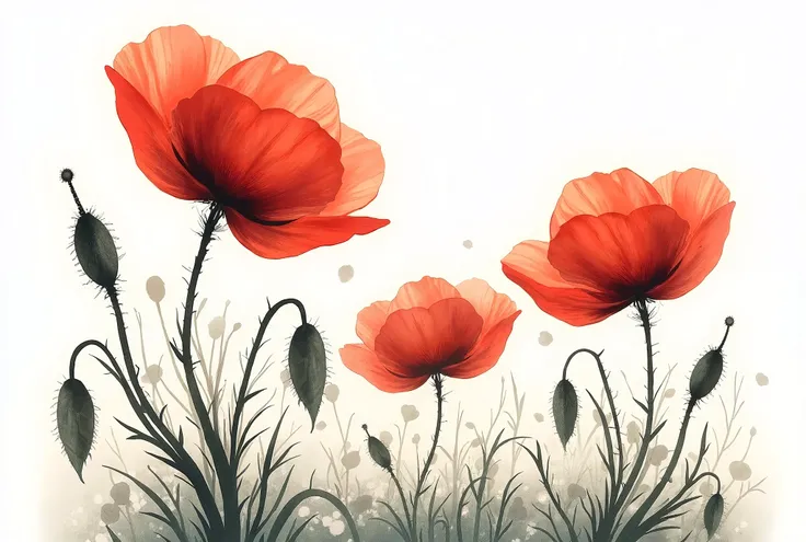 Image of poppies made in watercolor and black ink. Japanese style.