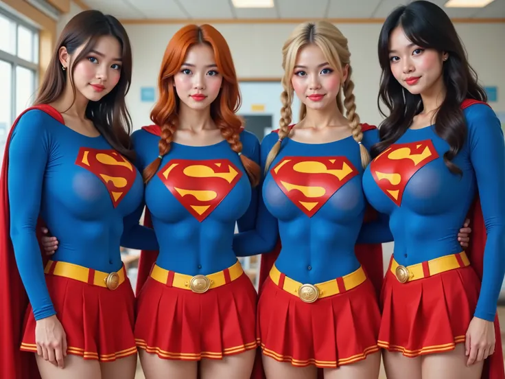 4 ADULT SCHOOL BABES. ONE KOREAN WITH BRUNETTE HAIR, ONE CHINESE WITH ORANGE/RED BRAIDED HAIR, ONE CHINESE WITH BLACK HAIR PIG TAILS, ONE AMERICAN WITH BLONDE HAIR IN A PONY TAIL. ALL WITH BLUE EYES. real photograph, 4 young looking incredibly busty MATURE...