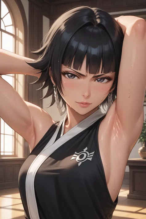 8k, ultra_quality, bleach, soi fon, sexy, sleeveless, best_quality, masterpiece, detailed_outfit, girl, woman, beautiful, short hair, black hair, anime, upper_body, looking_at_viewer, arm_up, one_arm_up, arm_behind_head, armpit, detailed_armpit, perfect_bo...