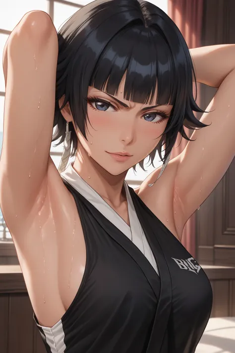 8k, ultra_quality, bleach, soi fon, sexy, sleeveless, best_quality, masterpiece, detailed_outfit, girl, woman, beautiful, short hair, black hair, anime, upper_body, looking_at_viewer, arm_up, one_arm_up, arm_behind_head, armpit, detailed_armpit, perfect_bo...