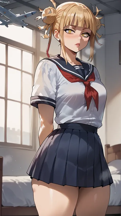 score_9,score_8_up,score_7_up,score_6_up, source_anime, girl, plane colours, dynamic pose, arms behind her back, blonde hair, blunt bangs, double bun, messy hair, yellow eyes, bedroom, tight cloths,school girl uniform, (perfect female body) thicc 3/4, norm...