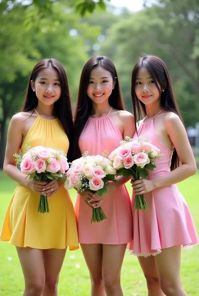 three beautifully blossoming shy curious innocent blushing malaysian and chinese girls with petite, thin bodies, immature faces with overdeveloped big boobs, long silky black hair, wearing yellow and pink halter-top half-shirts and matching high-cut mini s...