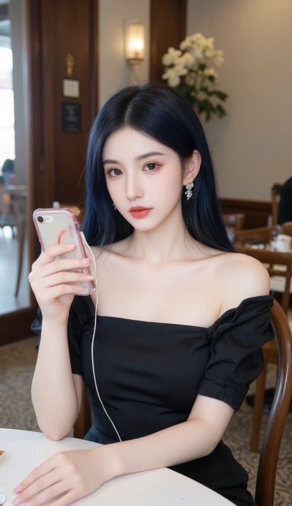 There is an elegant beautiful young girl with smooth luminous white skin sitting in a cafe inside the cafe Fashion style Decoration Beautiful girl with long blue-black hair and on the handle a phone with platinum hand shake accessories with a set of platin...