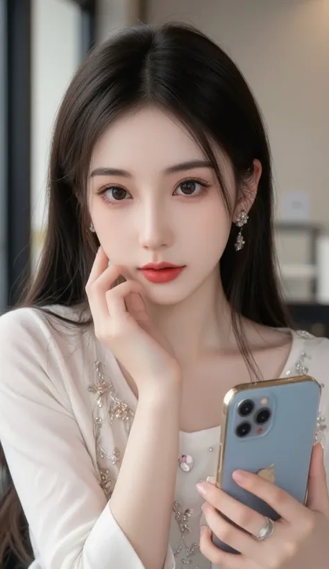 There is an elegant beautiful young girl with smooth luminous white skin sitting in a cafe inside the cafe Fashion style Decoration Beautiful girl with long blue-black hair and on the handle a phone with platinum hand shake accessories with a set of platin...