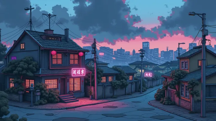 anime city street scene with neon signs and buildings at dusk, cyberpunk art inspired by Liam Wong, trending on Artstation, conceptual art, lofi artstyle, lofi vibes, lofi art, ross tran. scenic background, lofi vibe, cyberpunk vibe, lo-fi art, cyberpunk v...