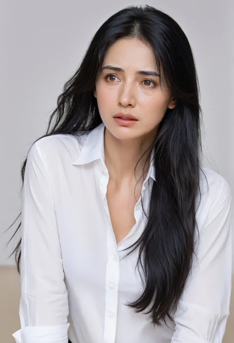 Arafed woman with long black hair and white shirt looking innocently to the observer Tears, Masterpiece, High Resolution, 