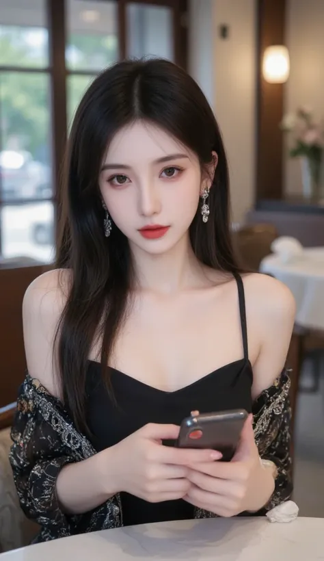 There is an elegant beautiful young girl with smooth luminous white skin sitting in a cafe inside the cafe Fashion style Decoration Beautiful girl with long blue-black hair and on the handle a phone with platinum hand shake accessories with a set of platin...