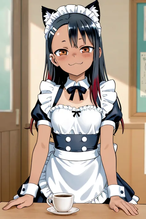 nagatoro,  cat ears, maid outfit,  tanned skin,Japanese, high definition image 4k,Serving coffee on the table, black hair and red highlights,Look penetrating and challenging , master piece,  curvaceous body