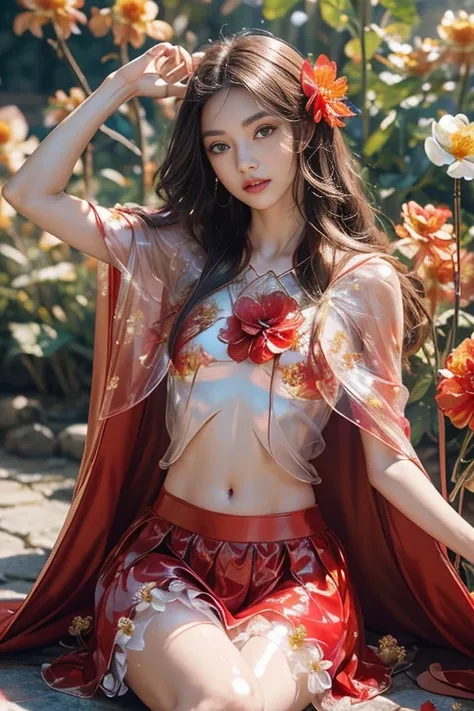 8k, masterpiece, 1 girl, beautiful face, very long hair, light makeup, (glossy skin:1.5), detailed eyes, detailed lips, small bust, short clothing, dragonfly, ((red dragonfly clothing)), ((dragonfly petticoat)), ((flowing cape)), ((navel)), light clothing,...