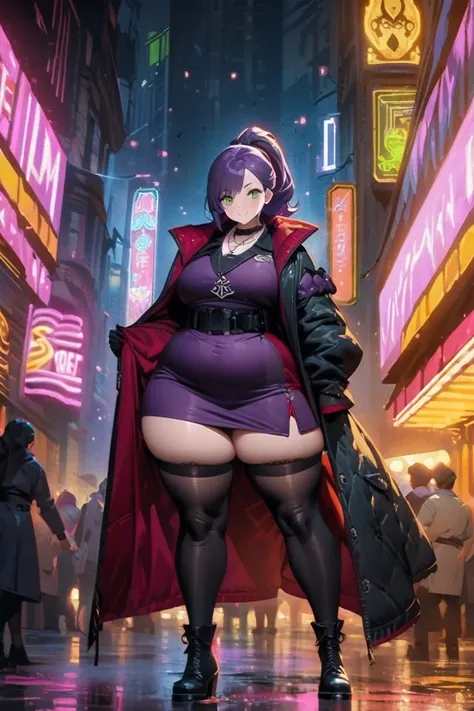 anime artwork, fullbody, A very plump gothic woman with straight purple hair in a ponytail, small breasts, thick hips, thick thighs and a plump butt.
She is standing smiling in a city with neon lights. She is wearing a mask around her green eyes, dark shor...