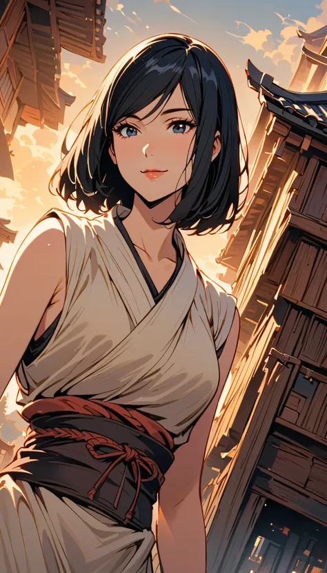 vintage movie, girl, short hair, straight hair, woman body, kunoichi, dutch angle, hyuga clan, shinobi village, konohagakure, ((closed mouth)), smilling