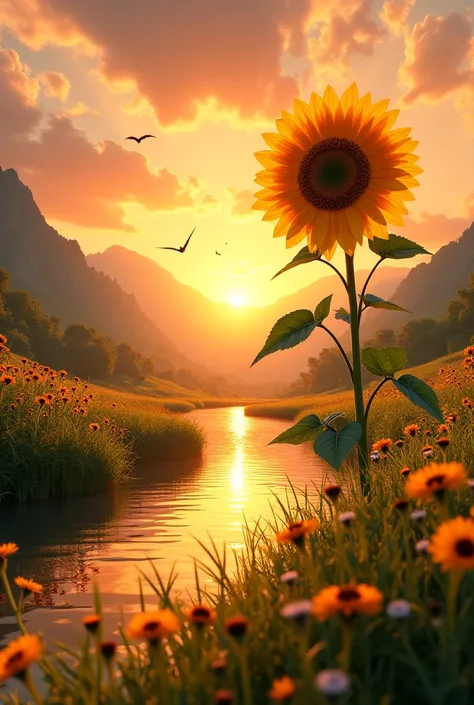 Sunset in a Magical Valley, with a single large central sunflower that is next to a river