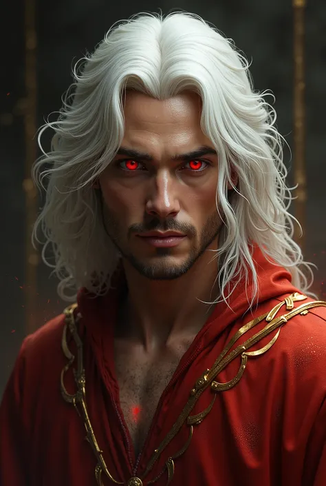 Man with beautiful appearance, With red eyes seriously, long white wavy hair, with brown skin, with a small smile and wearing a red and gold robe. 