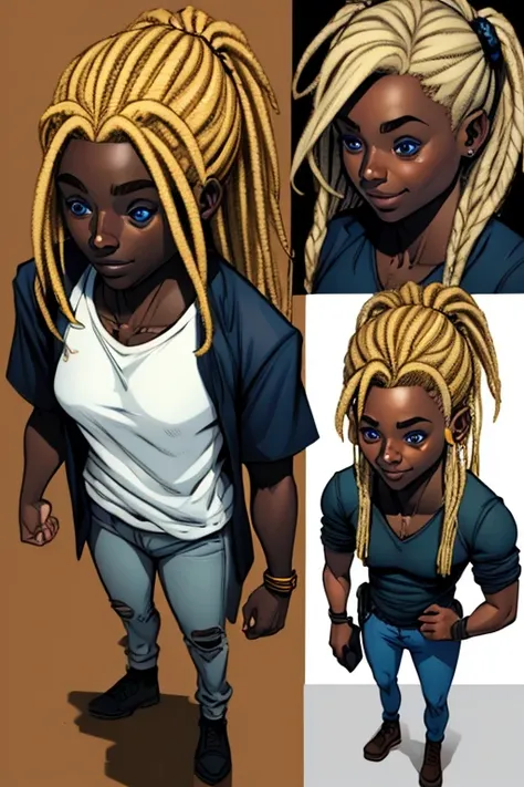 A black man alone ,  with bright blond dreads,  big Blue Eyes,  a small cheerful smile and her thin face,  without a sweater ,  wearing jeans. simple 2d style comic book design. Marvel and DC reference.