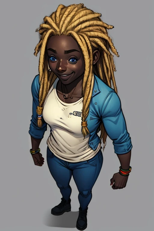 A black man alone ,  with bright blond dreads,  big Blue Eyes,  a small cheerful smile and her thin face,  without a sweater ,  wearing jeans. simple 2d style comic book design. Marvel and DC reference.