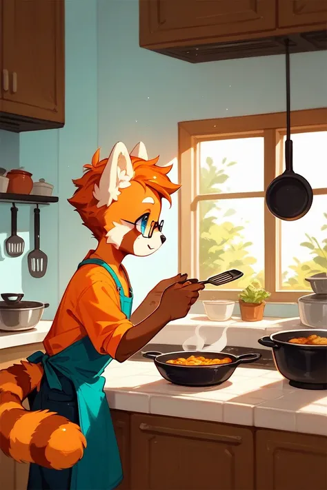 Cute male red panda with glasses, cooking in the kitchen, Simple illustration ,  cute , 1:1 ratio photo ,  profile picture