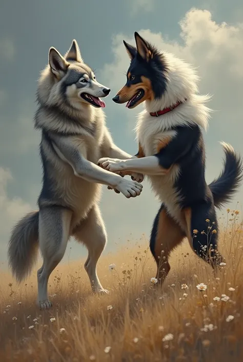 Gray wolf and border collie frotting with their dicks, furry art