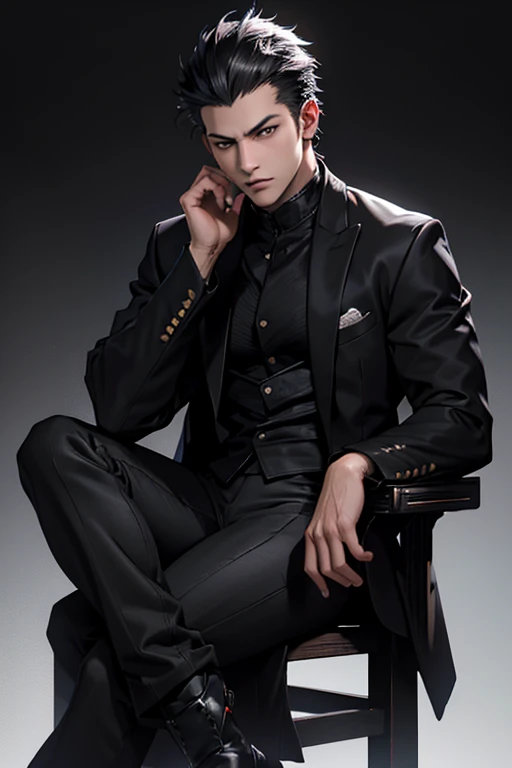 Realistic anime man, 27 years old;
Black hair combed back;
Short fade hair;
Black jacket;
Black shirt;
Black eyes;
Sit on the black throne;
Darkness city background;
Facing forward;
Photo up to thigh.