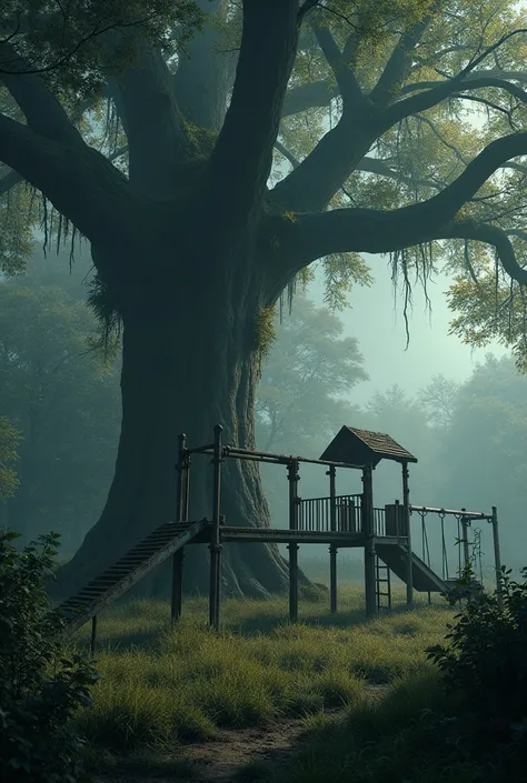 old abandoned playground, dark and creepy with a big tree near it, full of grass on it