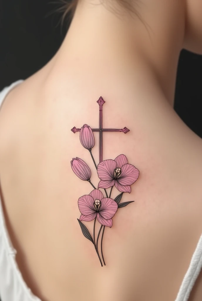 Cross with tulips and orchids minimal tattoo