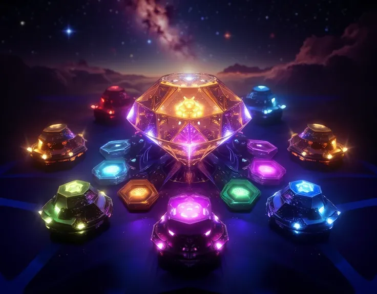 Masterpiece, High Quality, High Resolution, High Definition, 8k, (((Universe, Galaxy))), (((Futuristic Design))), (((Super Powers))):

A large Cosmic Diamond Gemstone, emitting an aura of various colors (((RGB))), surrounded by Six Diamond Gemstones, each ...