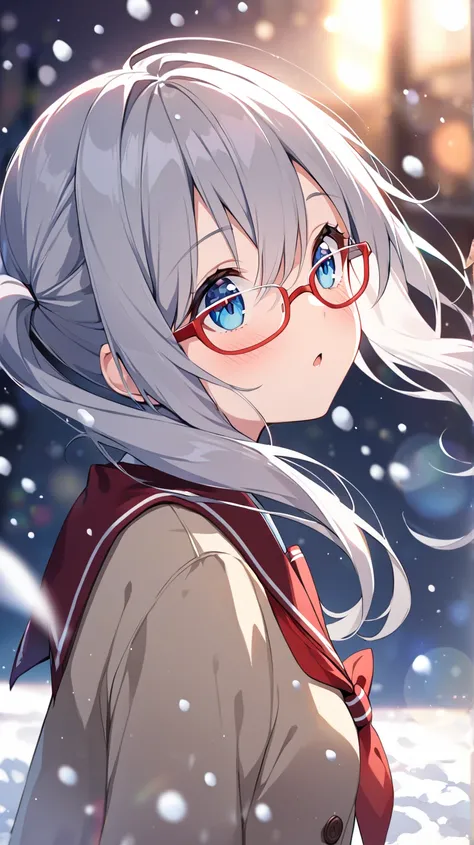 evening、winter、 It's snowing、 1 girl,  blue eyes、Grey Hair、Red-rimmed glasses、 side ponytail、How hair flutters in the wind、 school uniform 、Looking up、 background blur,  lens flare, 