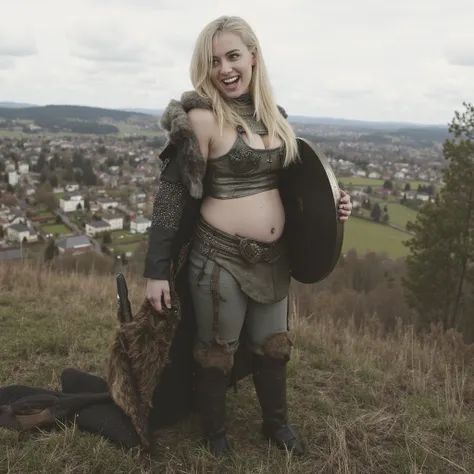  1 cute blonde giant Viking girl, 30 meters tall, , smile,  tight armor,  big boobs, deep breast cutout,  Not suitable for work , Stands next to village, Shrunken people stand around them, Perfect ate , Has a cow in her hand,  mouth opened,  cropped ,  rou...