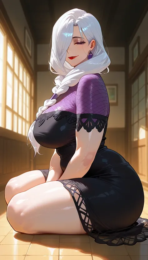 score_9_up, score_8_up, score_7_up 1girl, purple nails, mature female, Mei Mei, white hair, long hair, braided ponytail, front ponytail, purple eyes, braid, hair over one eye, one eye covered, red lips, lipstick, half-closed eyes, looking at viewer, smile,...