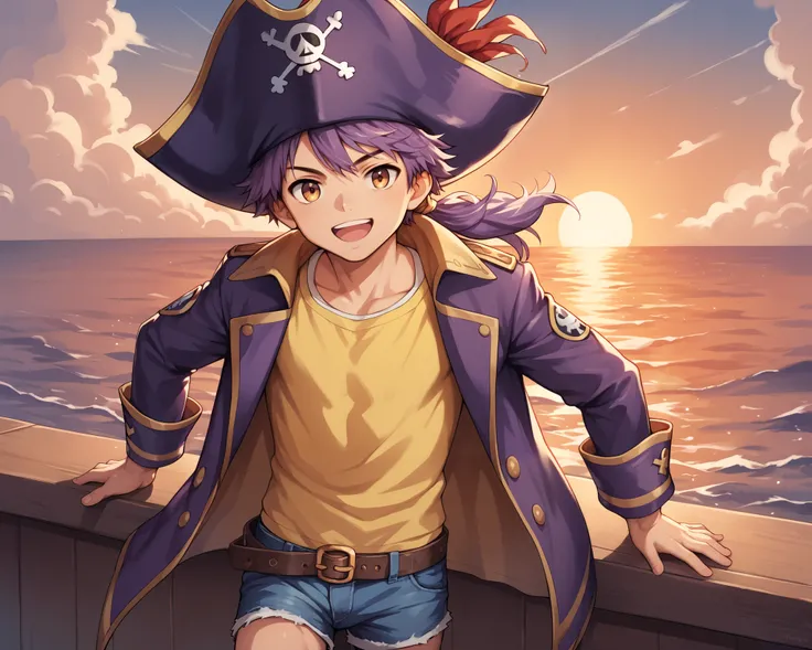 score_9_up, score_8_up, score_7_up, 1boy, solo, source_anime, young boy, , ((sfw, rating: general)) BREAK

(Pirate custome), purple hat, pirate hat, yellow shirt, purple jacket, long sleeves, purple hair, denim shorts BREAK

Standing, looking at viewer, op...