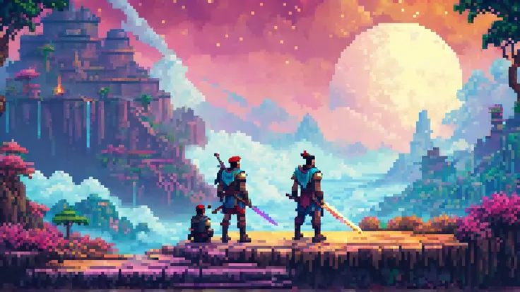 daydreamer warrior with his brother, pixel art, 8bit wallpaper, epic scene, perfect colour grading