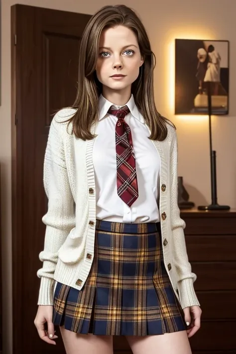 arafed woman, 23 years old, young jodie foster, brown hair, tall, medium chest, sexy legs, wide hips, wearing a white blouse, an open cardigan, plated tartan skirt, high socks. face close-up, studio photo