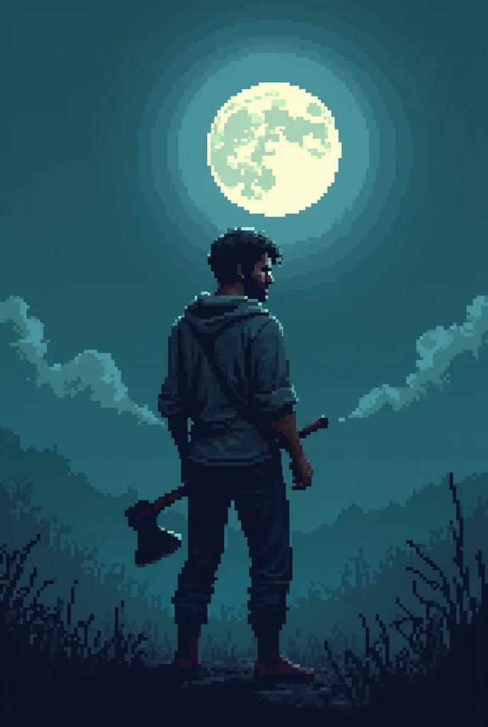 Man looking at the Moon from behind,  holding an axe ,  pixel art style 