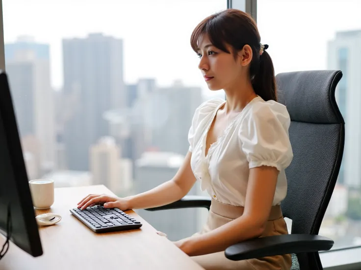 A woman in her 20s working at an office in Tokyo with a serious expression using a PC、I'm sitting on a chair and looking at the computer display、Keep your long hair together with hair clips、Wear a white blouse with ruffles、I'm wearing a tight beige long sk...