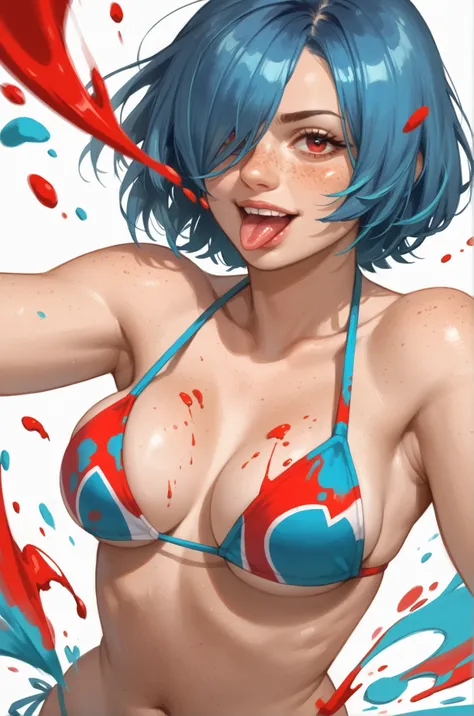 1girl, red eyes, freckles, looking at viewer, short hair, blue hair, hair over one eye, bikini top, medium breast, squeeze medium boobs together, (bouncing medium boobs, motion blur), sticking out her tongue, navel, paint background, cartoon style
