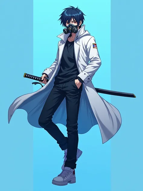 Anime style, young man with black hair, wearing a gas mask, white coat, and holding a katana. Color scheme in blue and white with high contrast. Pose: floating in an epic and dramatic manner. Full body, Avoid cropping and no background.