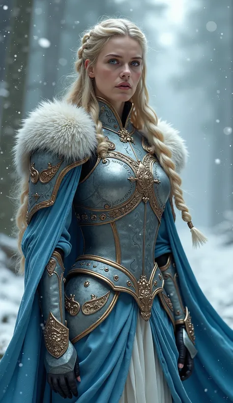 **Prompt:** Create a stunning image of a regal warrior queen standing in a snowy landscape, adorned in intricate silver and blue armor with golden embellishments. Her long, braided blonde hair cascades down her shoulders, and her piercing blue eyes reflect...