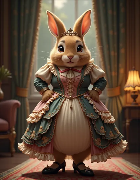  photorealistic portrait of Dressed animals-a ((fat)) baby (peter rabbit) princess,(furry),(art by Giuseppe Arcimboldo),  (elegant pose:1.5),(front view:1.5), (hands on hips:1.5),(smile:1.5),high quality,(),(lovely) ,intricate details, Wearing Gothic & Lol...