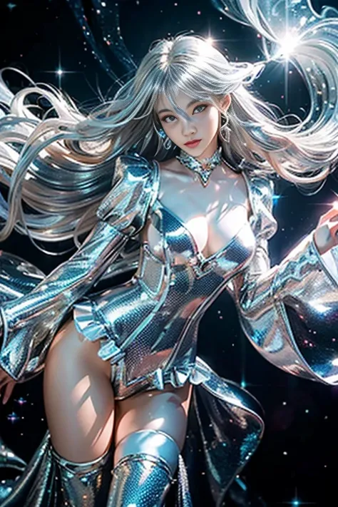 4K Ultra HD, Masterpiece, A girl with a magical aura, (good face:1.4), very Long hair, Detailed eyes, Glossy lips, Lolita costume, (silver costume:1.5), The aura around the body, Magical effect, Spread white light, Cosmic elements and ethereal atmosphere, ...