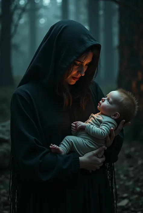 A dark, haunted cabin in the woods, dimly lit by a flickering candle. A woman, Madar Leeds, is seen holding a newborn  that appears twisted and unnatural. The baby has an eerie, otherworldly look, with glowing eyes and an unsettling aura.