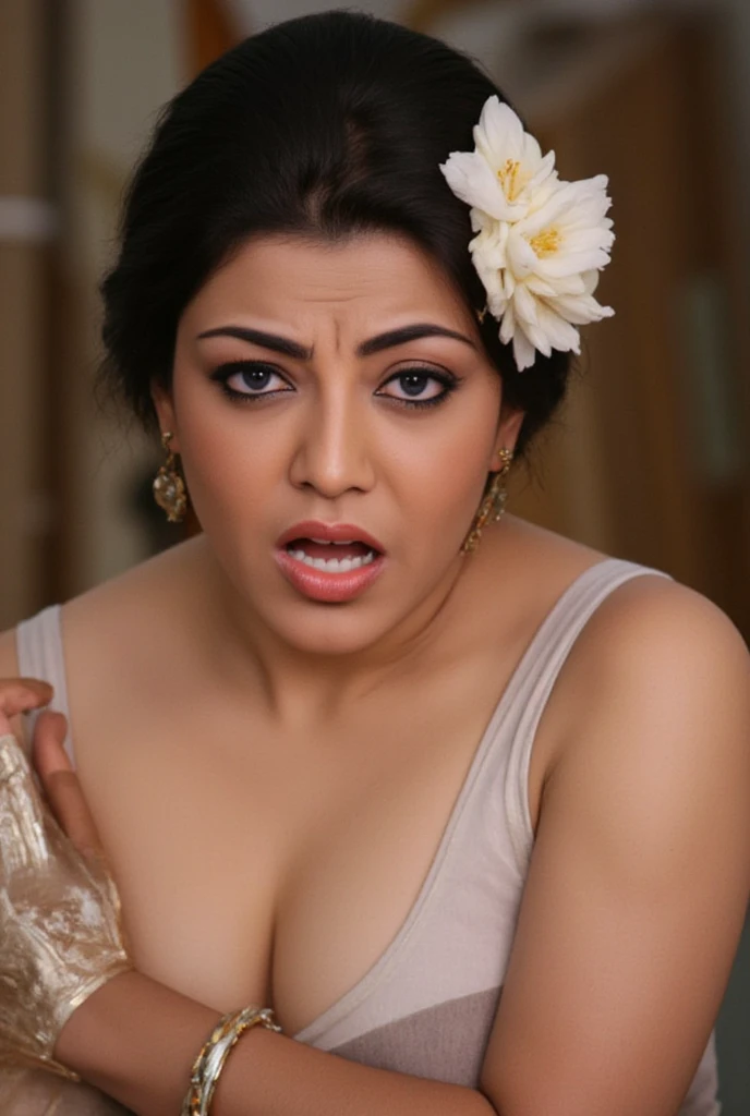 Woman,top down view,blue lusty eyes looking straight into camera, sexy woman, sweat body, deep cleavage, white colour blouse,flower in head, extreme orgasm, sweat body,sweat droplets seen in her body, round bindi, thick eyelashes, black eyeliners, extreme ...