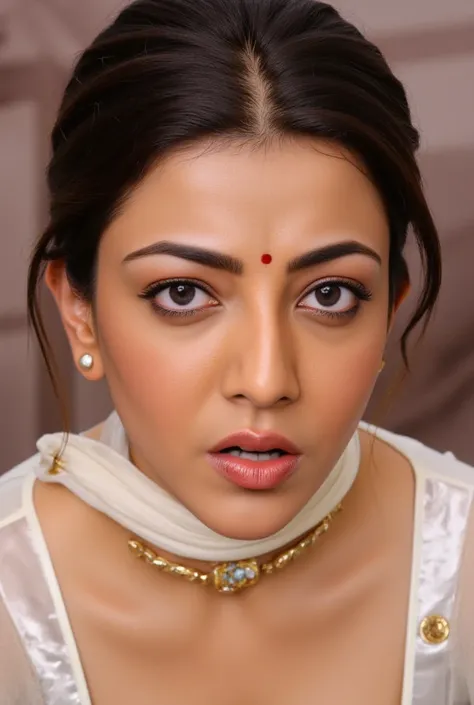 Woman,top down view,blue lusty eyes looking straight into camera, sexy woman, sweat body, deep cleavage, white colour blouse,flower in head, extreme orgasm, sweat body,sweat droplets seen in her body, round bindi, thick eyelashes, black eyeliners, extreme ...