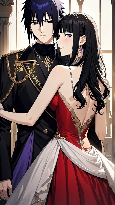 Uchiha sasuke and hyuga hinata, 2 person, couple, beautiful girl with long black hair and bangs. Lavender eyes. wearing a luxury royal dresses. Europe royal kingdom, Red dress, Princess, and Handsome man, black hair, raven hair, black eye, wearing a luxury...