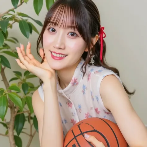  portrait of one woman , high quality, high image quality,​masterpiece,Nikon, detailed pictures,​masterpiece, a Japanese high school girl is playing basketball .a beauty girl, idol class cuteness , short ponytail,I am looking at you with a smile,Slender bu...