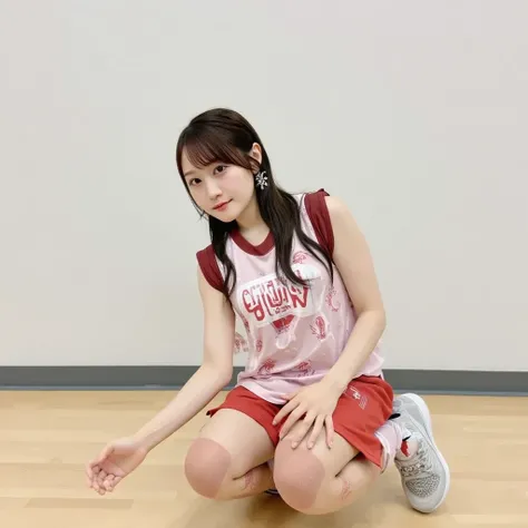  portrait of one woman , high quality, high image quality,​masterpiece,Nikon, detailed pictures,​masterpiece, a Japanese high school girl is playing basketball .a beauty girl, idol class cuteness , short ponytail,I am looking at you with a smile,Slender bu...